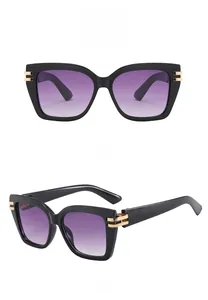 Detail view of square full frame sunglasses with purple gradient lenses and gold accents