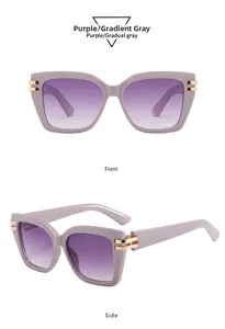 Detail view of purple square sunglasses with gradient gray lenses and gold metal accents