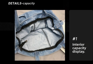 Detailed macro view showing the spacious interior and stitching of the blue denim tote bag