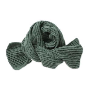 Winter dark green knitted scarf for women and children with ribbed texture on white background