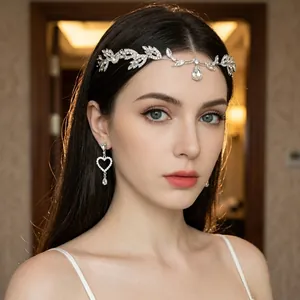 Bridal crown headpiece with leaf rhinestones and matching crystal heart earrings