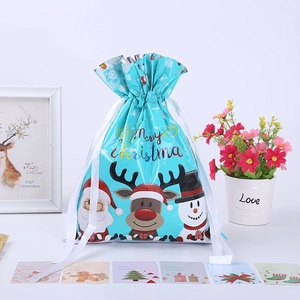 Close-up of blue Christmas drawstring foil gift bag with Santa Claus and reindeer print