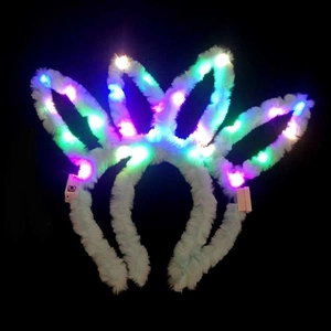 LED Plüsch Hasenohren Haarreif mit weißem Kunstfell und bunten leuchtenden Lichtern