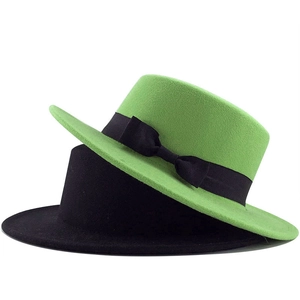 Flat top wool felt fedora hats with black grosgrain ribbon and bow detail in black and green