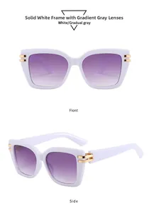 Close-up of white square sunglasses with gradient lenses and gold metallic temple details