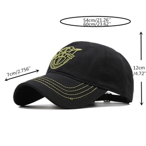 Detail view of cotton baseball cap with military embroidery and specific size measurements