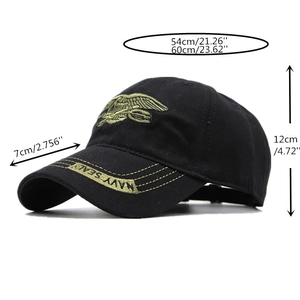 Dimensions détaillées de la casquette Navy Seal avec tour de tête et visière