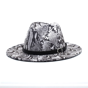 Detailed view of snake skin print fedora with black leather band and silver buckle