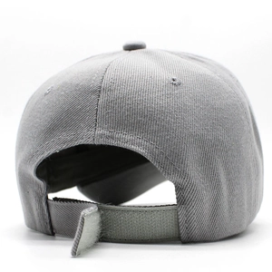 Back view of grey cotton baseball cap with adjustable hook and loop closure strap