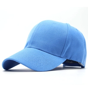 Detail of light blue cotton baseball cap featuring curved brim and breathable eyelets