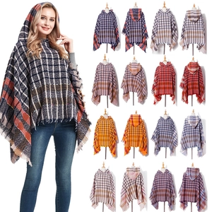 Women Hooded Poncho Plaid Pattern Tassel Fringe Warm Winter Wrap Shawl Casual Polyester Pullover Cape