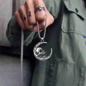 Gothic silver crescent moon skull pendant necklace with street style titanium steel chain
