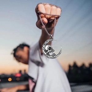 Retro hip hop moon crescent skull pendant on silver titanium steel bead chain necklace