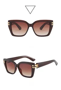 Detail view of square transparent tea frame sunglasses with golden metal striped accents