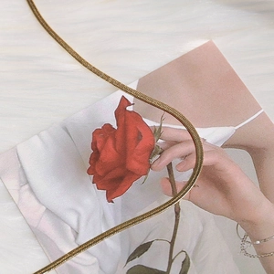 Close-up of golden snake bone chain necklace lying on a white fur and rose card background