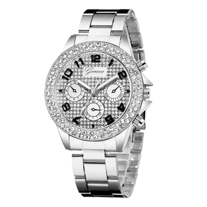 Silver Geneva women's watch featuring a crystal-encrusted dial and metal link bracelet