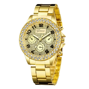 Fashion Women Quartz Watch Alloy Metal Band Rhinestone Crystal Inlay Analog Round Luxury Elegant Timepiece