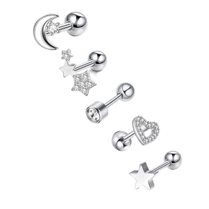 5-piece silver stainless steel barbell stud set with moon, star, and heart zircon detail