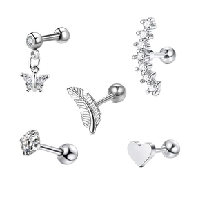 5-piece silver stainless steel stud earring set with butterfly feather and heart shapes