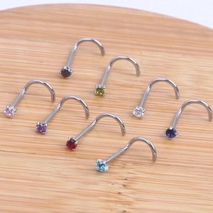 Set of 8 colorful L-shaped stainless steel nose studs with round zircon stones