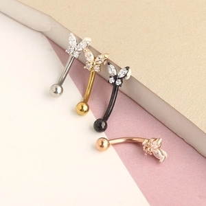 16G stainless steel curved barbell eyebrow rings with micro-set zircon butterflies in 4 colors