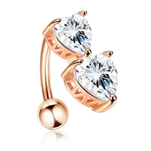 Detail of rose gold belly button ring featuring two heart-shaped clear zircons