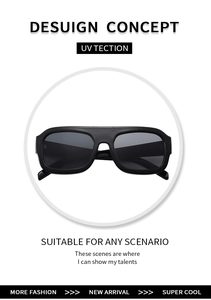 Detail view of square black oversized sunglasses with UV protection functional lens