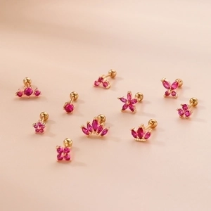 Rose red zircon flower and crown stud earrings set in gold stainless steel