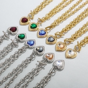 Heart crystal pendant necklace set with OT buckle in gold and silver stainless steel