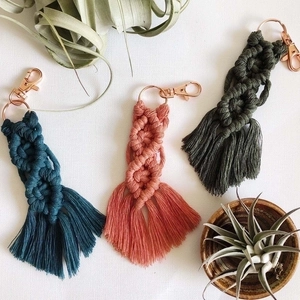 Handmade macrame keychain with cotton tassels and rose gold metal spring clasp