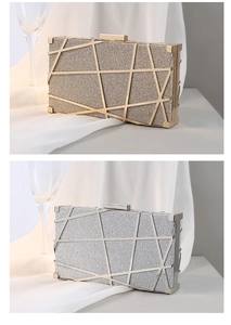Detail view of gold and silver metallic evening bags with geometric frame and glitter