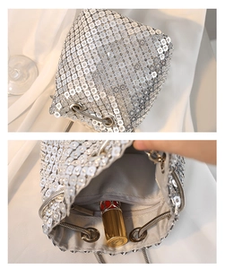 Detailed view showing both exterior silver sequin bucket bag and its spacious interior lining