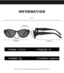 Fiche technique détaillée pour lunettes de soleil œil de chat avec dimensions de monture