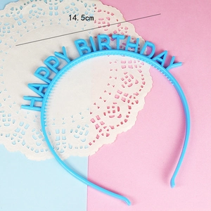 Blue Happy Birthday plastic headband size detail showing 14.5cm width on lace background