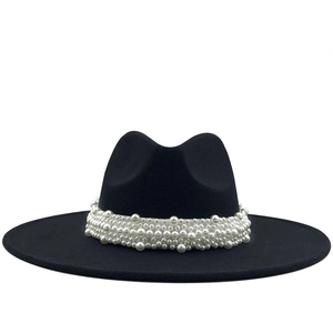 Classic black wool fedora hat for women with elegant multi-row pearl beaded band trim