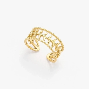 Elegant gold plated stainless steel open ring with leaf pattern and beaded edges