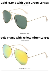 Detail of aviator sunglasses with gold frames in dark green and yellow mirror lenses