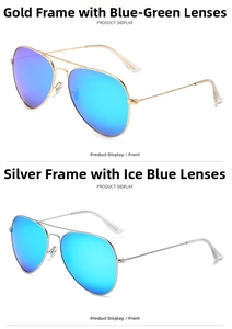 Polarized pilot sunglasses with gold and silver metal frames and colorful reflective lenses