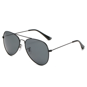 Classic polarized aviator sunglasses with black metal frame and dark gray lenses