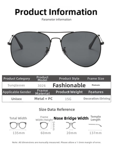 Detailed technical diagram of lightweight pilot sunglasses with metal frame and grey lenses
