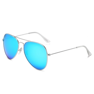 Classic silver aviator sunglasses with polarized blue mirrored lenses and metal frame