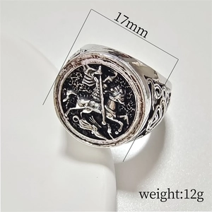 Vintage silver horse signet ring for men with knight totem and 17mm round relief design