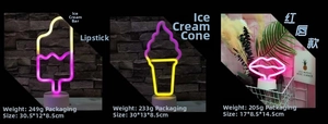 Detailed views of LED neon lamps in popsicle, ice cream, and lip shapes with bases
