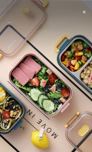 Macro shot of double-layer stainless steel lunch box with divided sections and leak-proof lid
