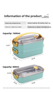 Sizing guide for 304 stainless steel lunch boxes showing 800ml and 1600ml dimensions