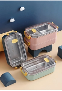 Three-color SUS 304 stainless steel lunch boxes with clear lids and secure yellow buckles