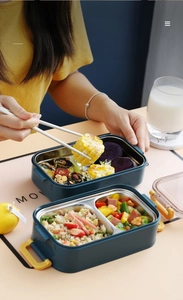 Close-up of double compartment stainless steel lunch box with rice and colorful vegetables