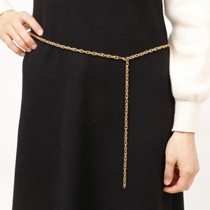 Elegant gold metal chain belt for women shown on black dress with minimalist design