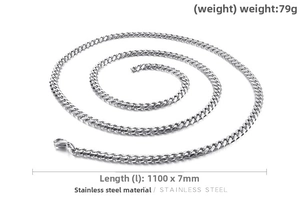 Detail of 7mm silver stainless steel Cuban link body chain, 1100mm length with lobster clasp