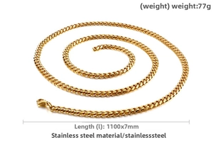 Detailed specs of gold titanium yoga dress waist chain showing 1100mm length and 7mm width